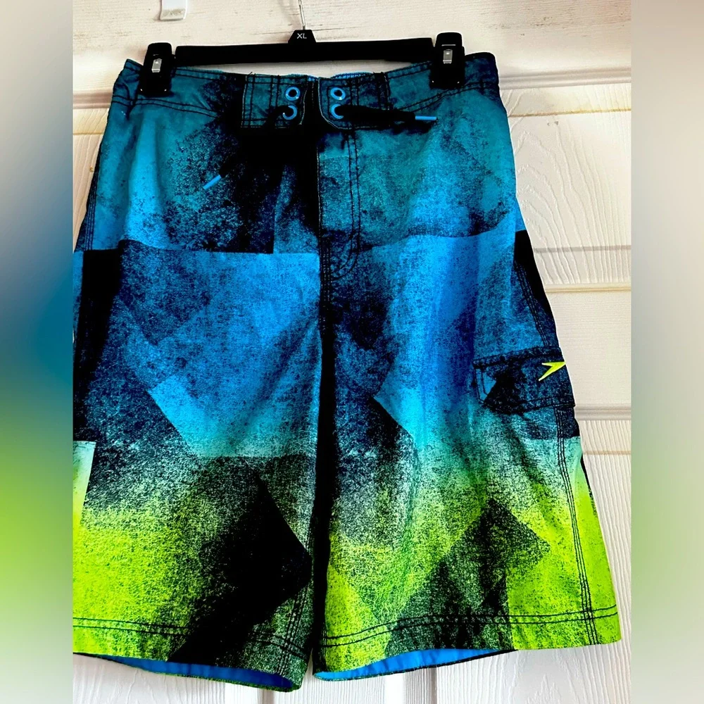 EUC Speedo Men's Abstract Blue and Neon Green‎ Swim Board Shorts Size M